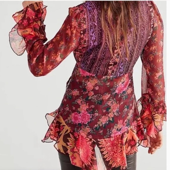Free People Magic Hour Red Floral Wrap Top - Picture 2 of 5